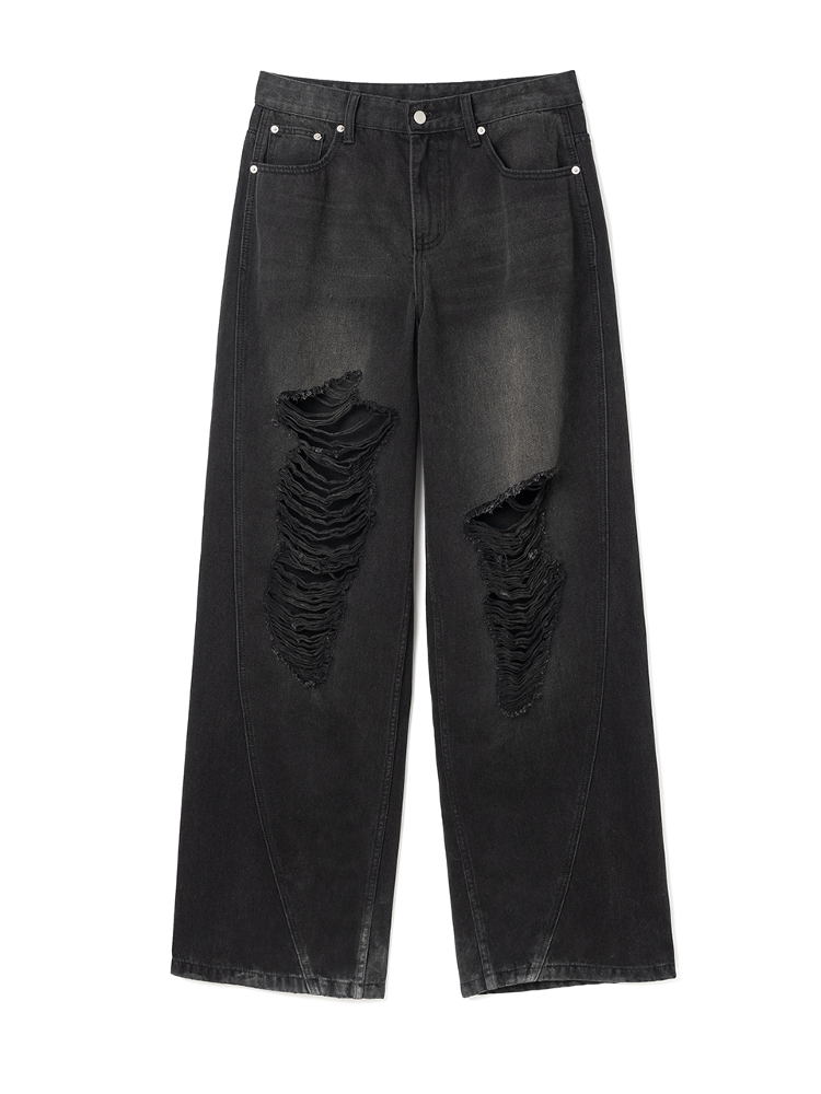 Curved Damage Wide Jeans [Stone Black]