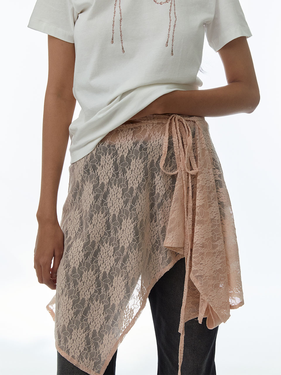 Asymmetric Lace Wrap Skirt [Pink Beige]